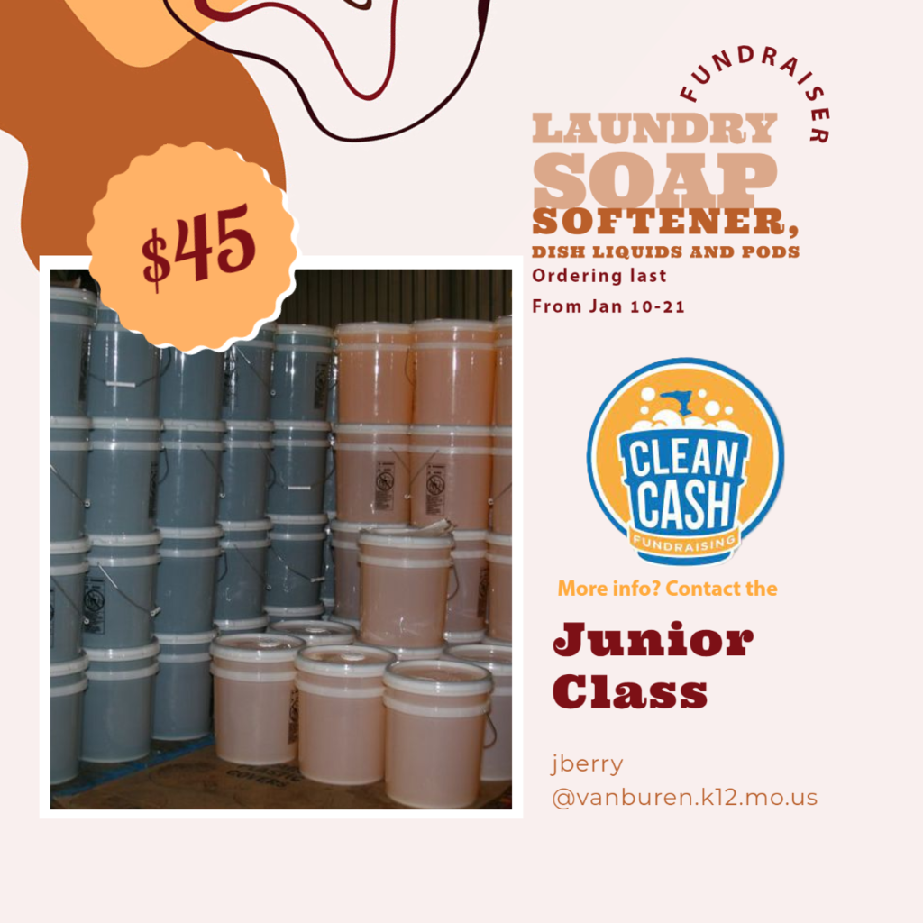 "Junior Class is selling Laundry Detergent, Laundry Softener, Dishwashing Liquid and Pods as a fundraiser. Contact any Junior or Class Sponsor for more information." 